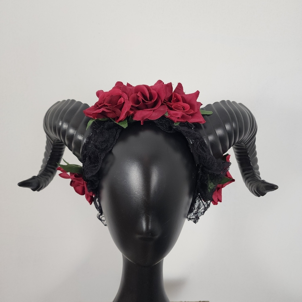 Krampus Devil Demon Horn Headband Red Rose Flowers Costume Head Piece Head Dress